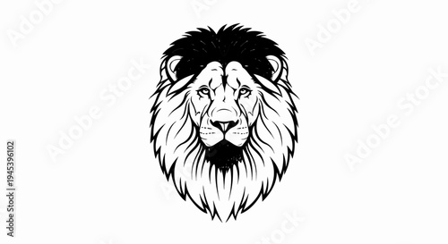 Stylized black and white line art of a lion's head with flowing mane