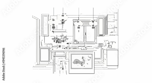 Stylized line drawing of a kitchen with hanging lanterns and a framed fish image