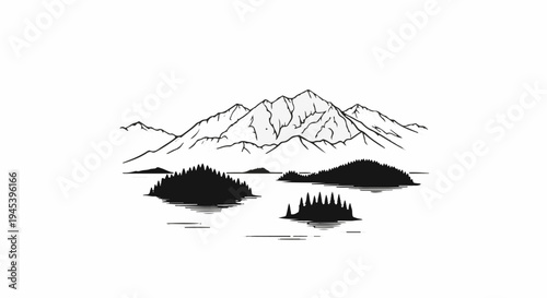 Stylized mountain range with forested islands on water