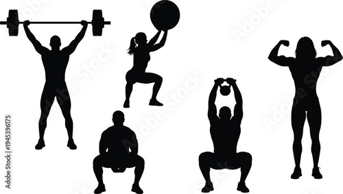Strength training silhouettes of overhead press, medicine ball squat, bodybuilding flex, kettlebell squat, fitness exercise vector design illustration
