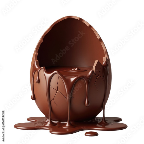 Broken chocolate Easter egg with glossy melted chocolate dripping and pooling below, isolated on transparent background. Sweet dessert concept, festive holiday treat, realistic 3D illustration.