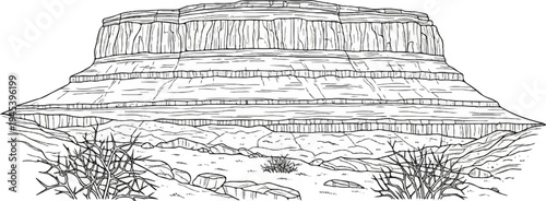Stylized line drawing of a layered mesa with sparse vegetation and rocks