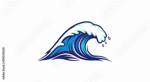 Stylized blue wave cresting with white foam and water droplets