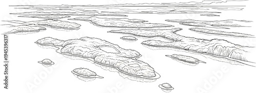 Stylized pen and ink drawing of a vast archipelago with islands of varying sizes