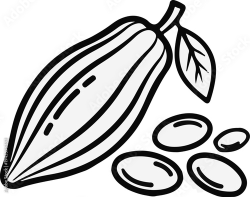 Stylized illustration of a cacao pod with loose beans and a leaf
