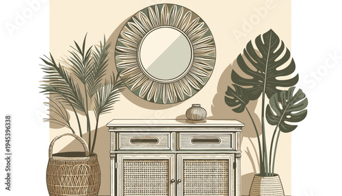 Vintage mirror on boho dresser with woven baskets and potted plants for earthy bohemian home decor