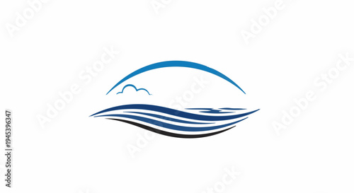 Stylized blue waves beneath a sweeping arc and single cloud