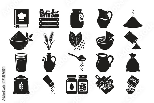 Set of cooking and kitchen flat icons with grocery ingredients culinary accessories and recipe preparation symbols
