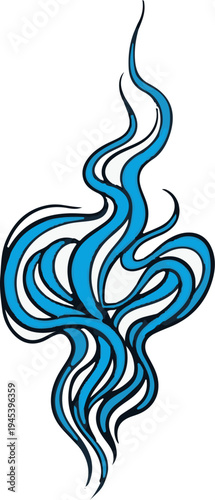 Stylized blue wisps of smoke or flame ascend and swirl on a white background