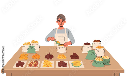 A worker is packaging assorted dried fruits into Small Bags