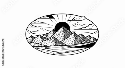 Stylized mountain range with sun and clouds inside an oval frame