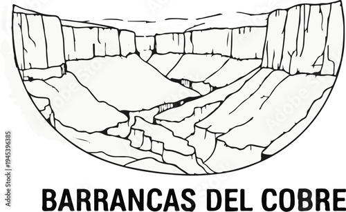 Stylized line drawing of a vast canyon with layered rock formations and text below