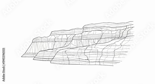 Stylized line drawing of layered rock formations showing erosion and stratification