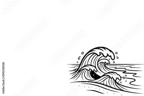 Stylized black ink drawing of crashing ocean waves against a white background