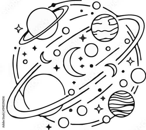 Stylized celestial bodies and orbiting rings in a cosmic swirl