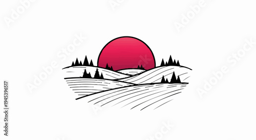 Stylized landscape with rolling hills, scattered trees, and a gradient sun