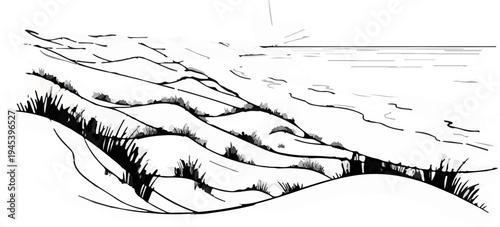 Stylized line drawing of rolling dunes with sparse vegetation and distant water