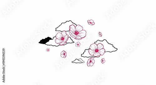 Stylized pink cherry blossoms float amidst black, outline clouds