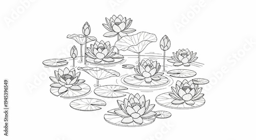Stylized line drawing of water lilies and lily pads floating on calm water