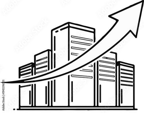 Stylized buildings with an upward trending arrow symbolizing growth