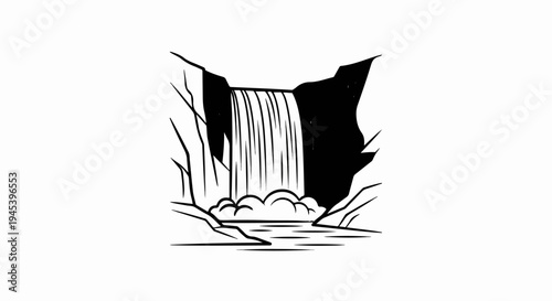 Stylized black ink illustration of a waterfall cascading over rocks into a pool