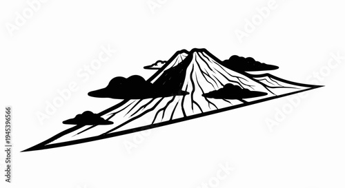 Stylized black ink mountain silhouette with dramatic clouds