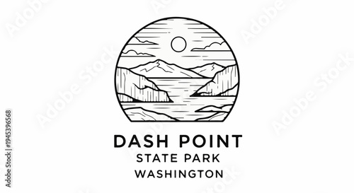 Stylized linear emblem featuring a sun, mountains, water, and land