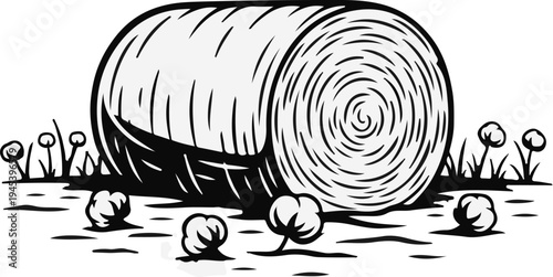 Stylized illustration of a cotton bale and plants in a field