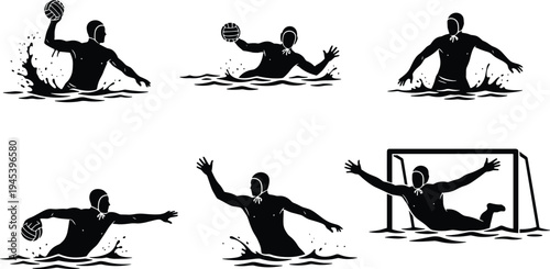 Water polo silhouettes of players throwing, passing, treading water, goalkeeper blocking shot, aquatic team sport vector design illustration
