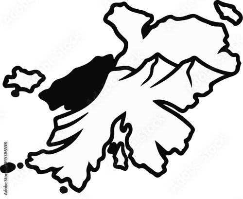 Stylized map of an island chain with mountains and a dark, isolated landmass