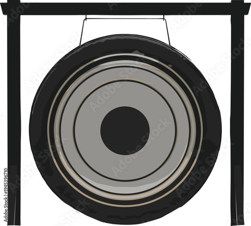 Traditional gong illustration, musical instrument, Asian culture, ceremonial sound, percussion, black frame, circular design, heritage, art, performance, meditation