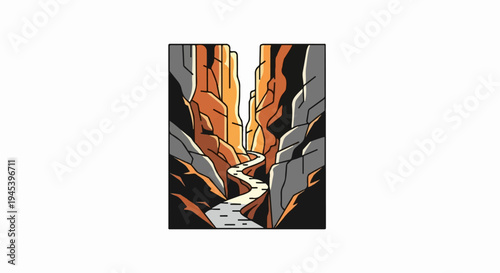 Stylized canyon with river winding through, illuminated by sunlight