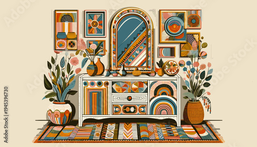 Vintage mirror on boho dresser with abstract art prints and potted plants for artistic bohemian home decor