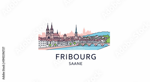 Stylized line art depiction of a European city skyline across a river