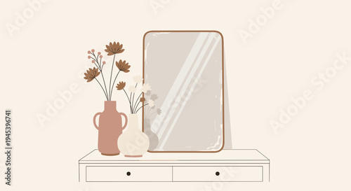 Vintage mirror on boho dresser with ceramic vases and dried flowers for elegant minimalist bedroom decor