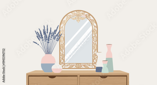 Vintage mirror on boho dresser with dried lavender and ceramic candle holders for serene rustic bedroom decor