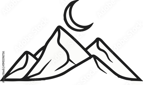 Stylized mountains beneath a crescent moon