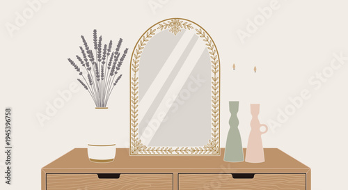 Vintage mirror on boho dresser with dried lavender and ceramic candle holders for serene rustic bedroom decor
