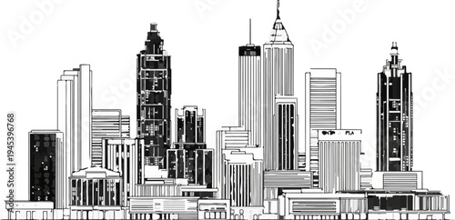 Stylized line art depicts a dense urban cityscape with varying skyscraper heights