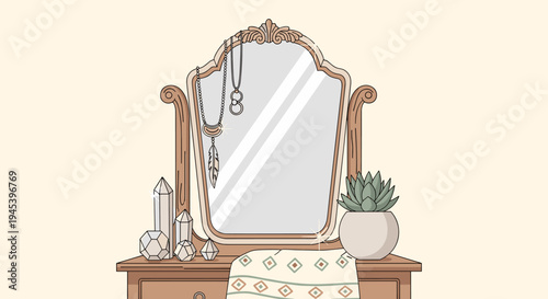 Vintage mirror on boho dresser with feather necklace, healing crystals, and succulent for spiritual bohemian bedroom decor