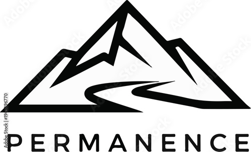 Stylized black mountain peak with winding path and word below