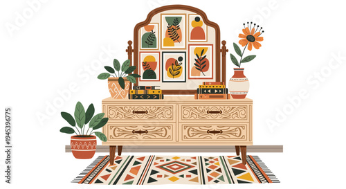 Vintage mirror on boho dresser with abstract art prints and potted plants for artistic bohemian home decor
