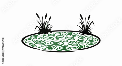 Stylized pond with cattails and swirling lily pads, a simple graphic