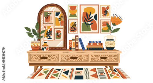 Vintage mirror on boho dresser with abstract art prints and potted plants for artistic bohemian home decor