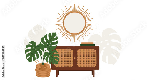 Vintage round mirror on boho dresser with macrame plant hanger and lush greenery for stylish bohemian interior

