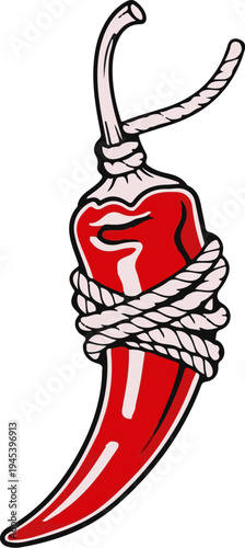 Stylized cartoon image of a bright red chili pepper tied with a rope