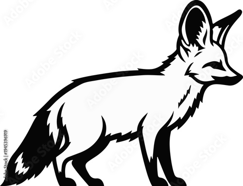 Stylized black and white outline of a fox with large ears and bushy tail