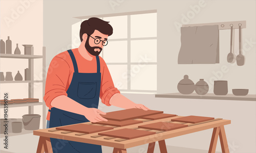 Carpenter Arranging Wooden Boards in Workshop