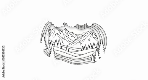 Stylized layered mountain landscape with evergreen trees and rolling hills