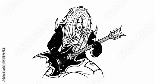 Stylized character with long hair playing a heavy metal electric guitar